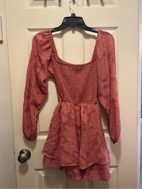 Smocked Floral Rust-Pink Long-Sleeve Peplum Tunic